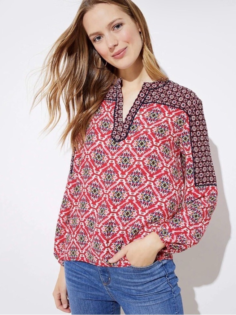 Anne Taylor Loft Mixed Mosaic Split V Neck Blouse Red Velvet Small boho bohemian